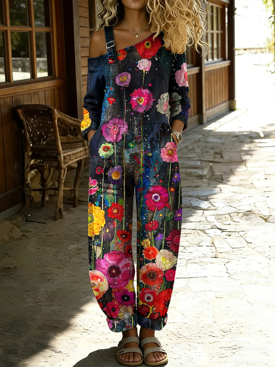 Women's Retro Floral Color-Blocked Art Print Washed Cotton Denim Patchwork Jumpsuit